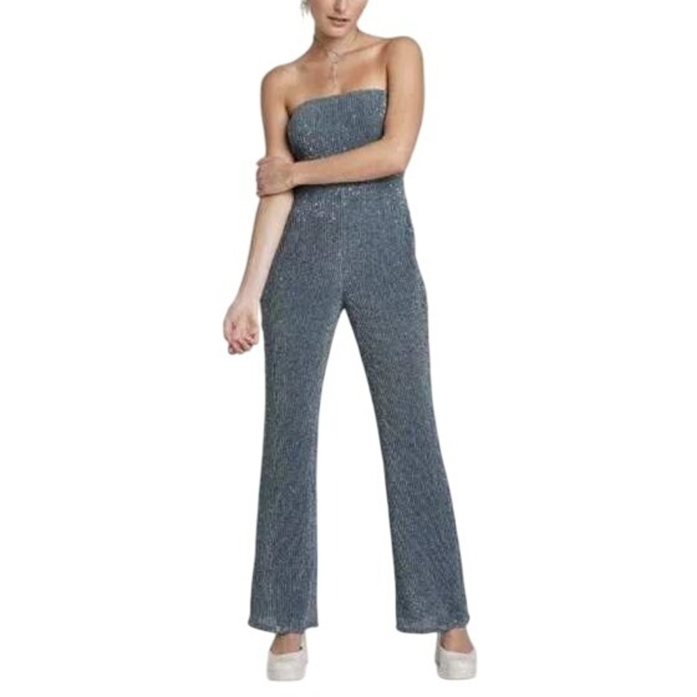 NEW Wild Fable Sequin Jumpsuit Strapless Party‎ Slit Leg Silver - Size Unknown